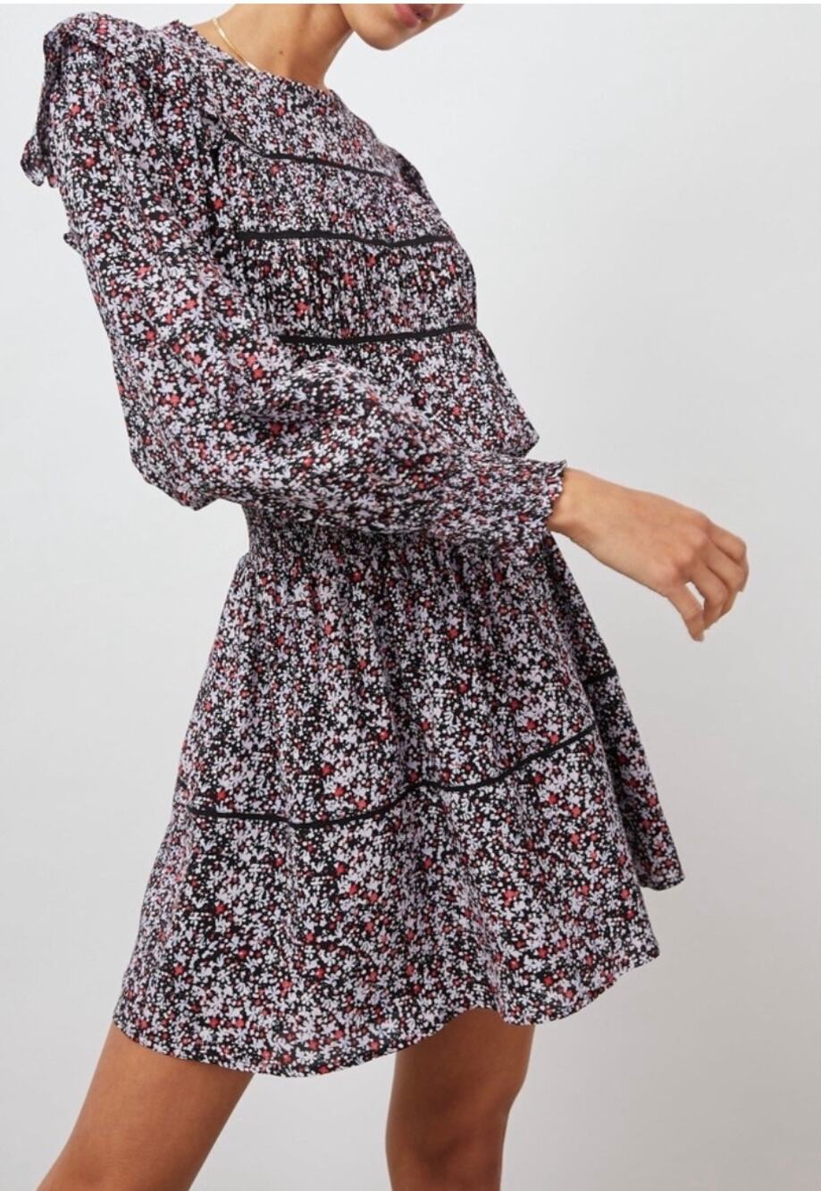 Rails Faren Midnight Meadow Floral Dress XS Smocked Waist Ruffle Long Sleeve